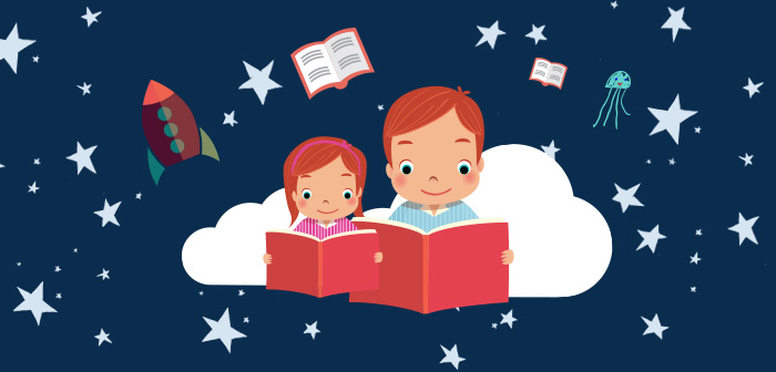 A dad and kid reading a book in the clouds