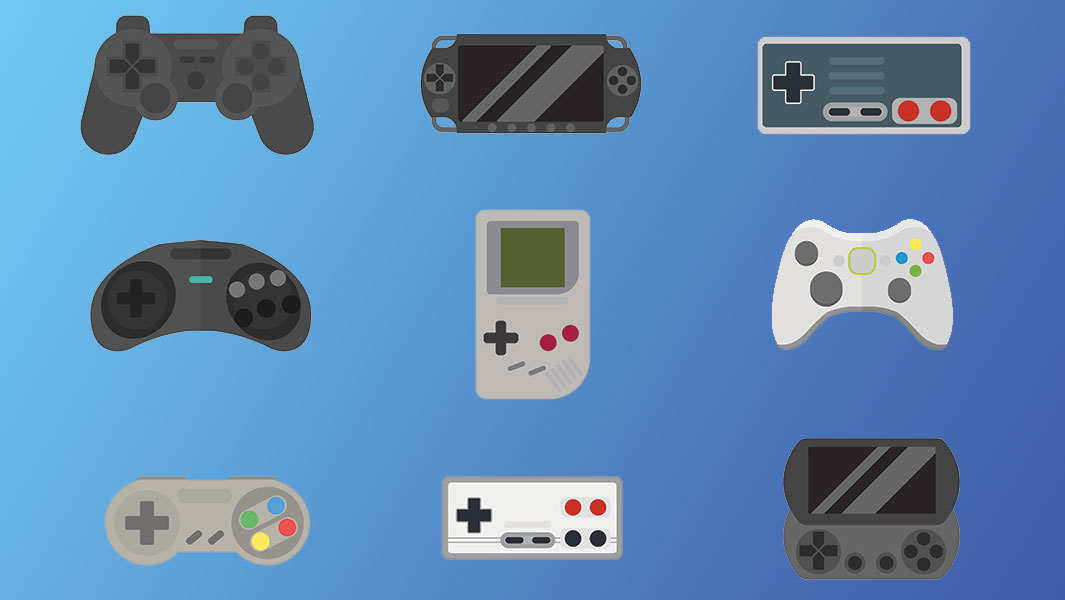 A bunch of video game controllers 
