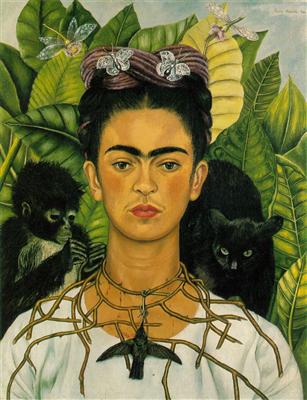Painting of a woman standing with a monkey and a cat