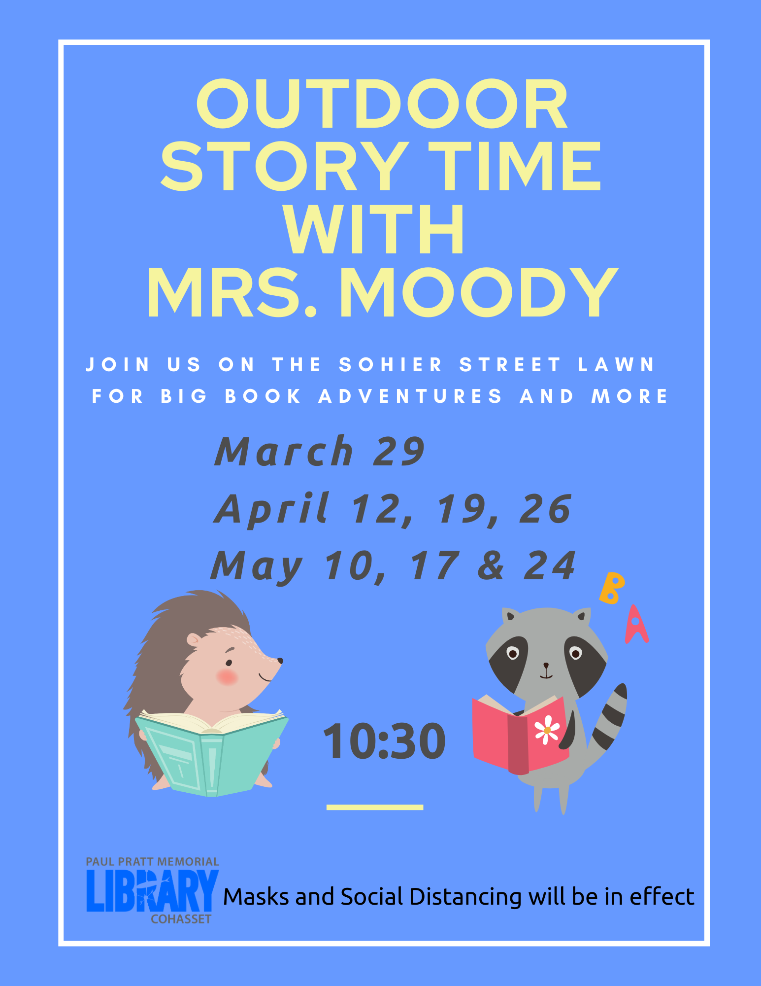 Outdoor storytime with Mrs. Moody on the Sohier St. lawn