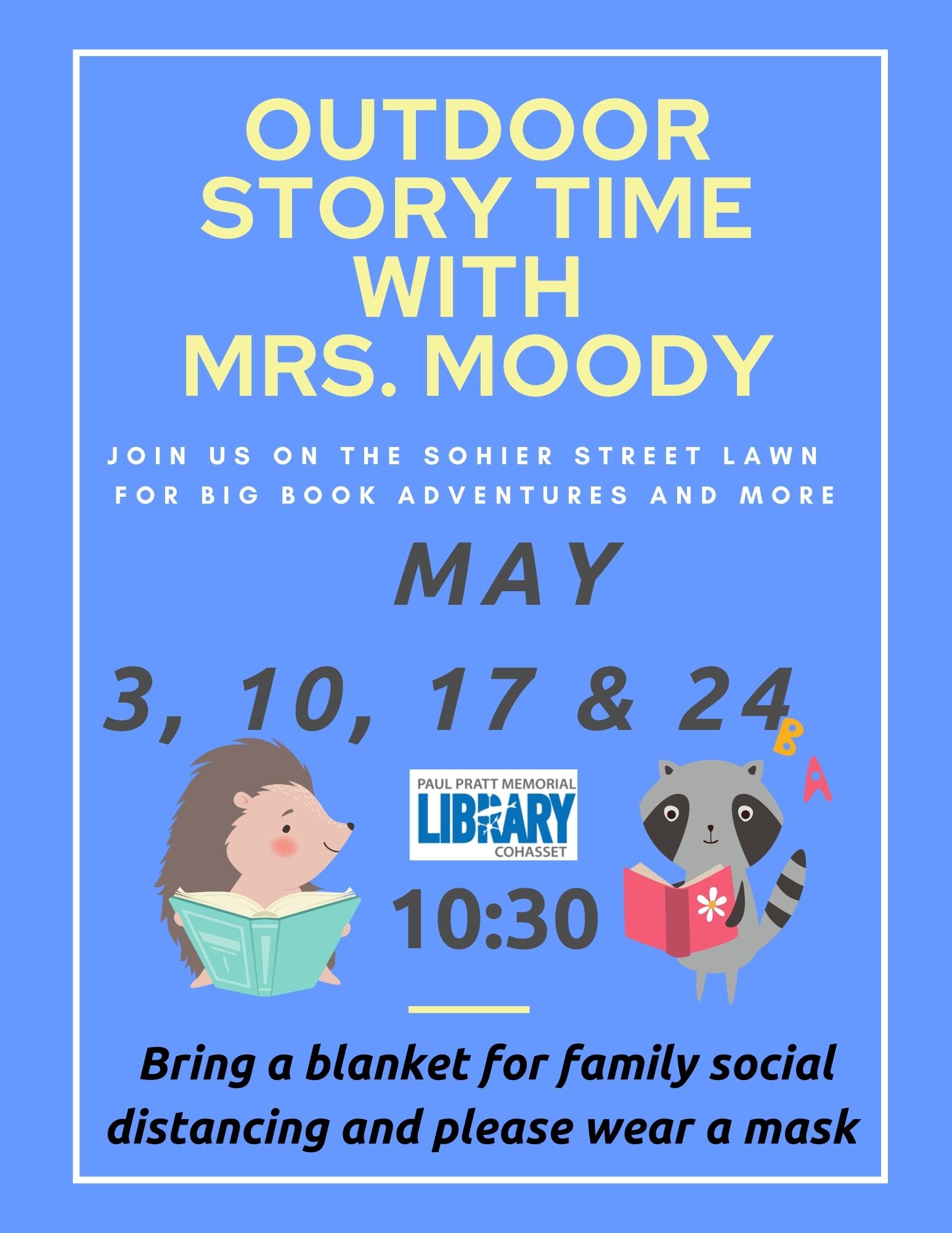 outdoor storytime with Mrs. Moody on the Sohier St. lawn