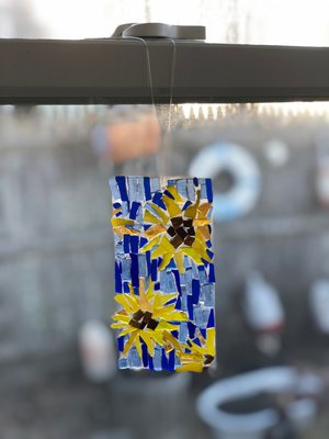 Blue and yellow flower mosaic panel