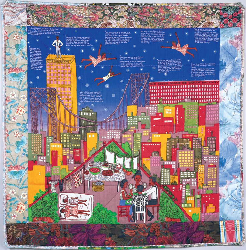 Colorful quilt depicting a city