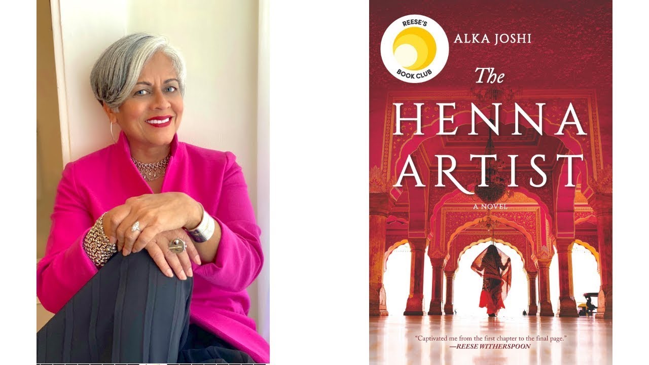 Author seated  next to the cover of her book The Henna Artist