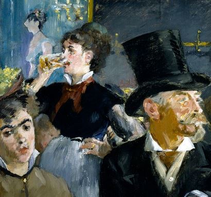 Painting of two women and one man in a Paris cafe