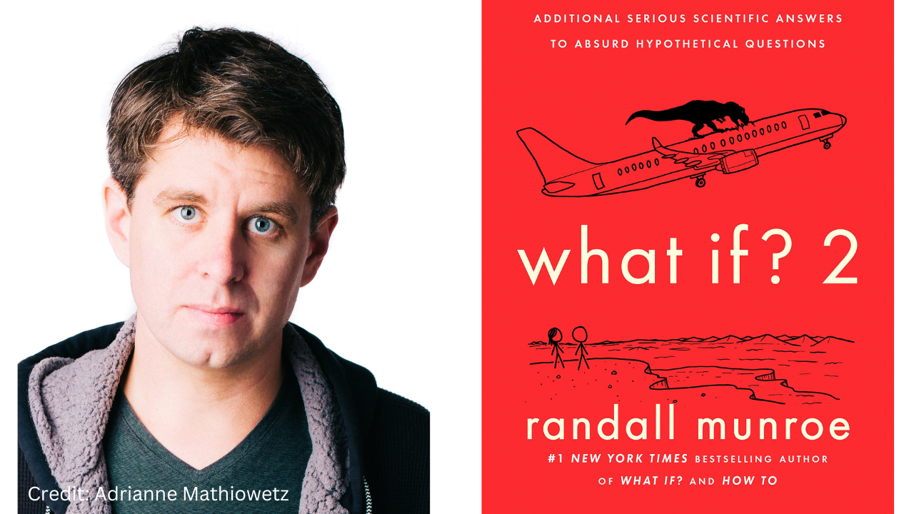 Author Randall Munroe beside the cover of his book