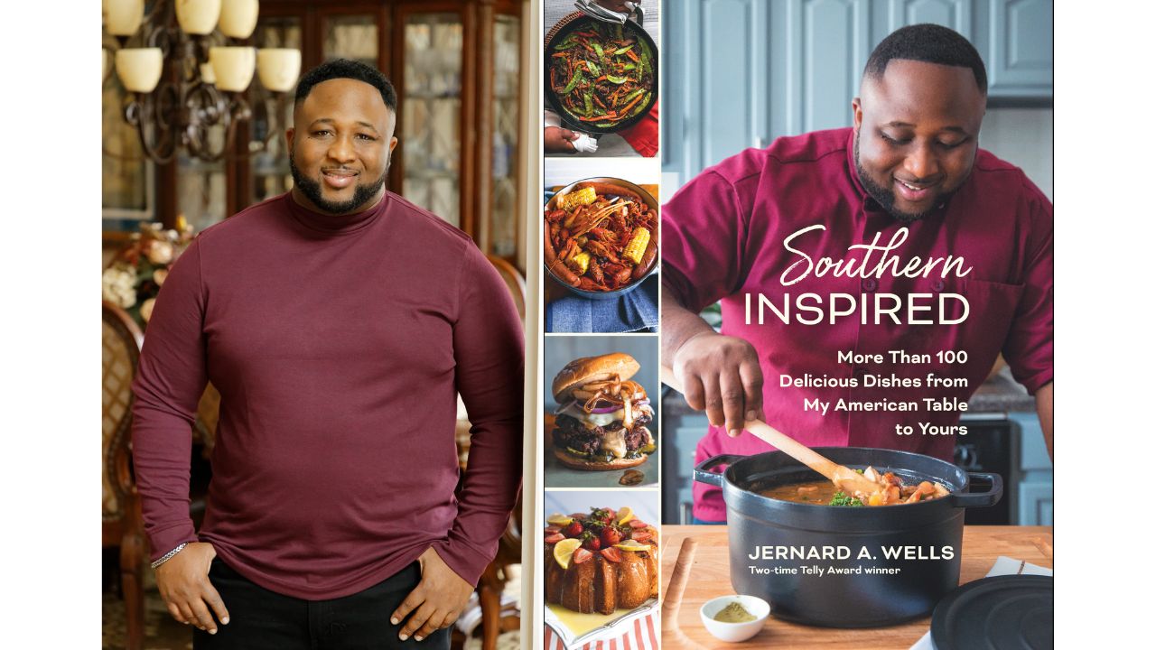 Chef Jernard Wells beside his book Southern Inspired