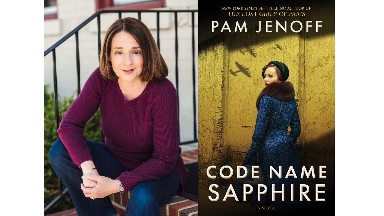 Author Pam Jenoff beside her book Code Name Sapphire