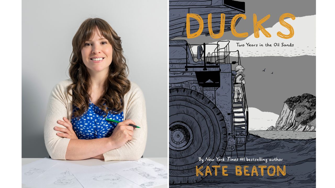 Author Kate Beaton beside her book Ducks: Two years in the oil sands