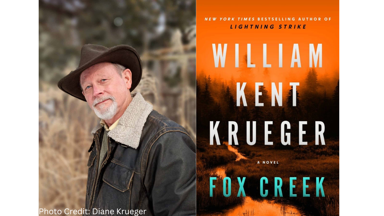 William Kent Krueger beside his book Fox Creek