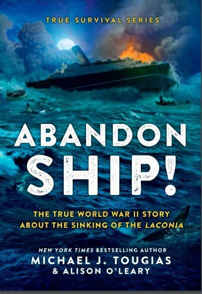 Cover of the Abandon Ship book with an image of a sinking ship in rough seas