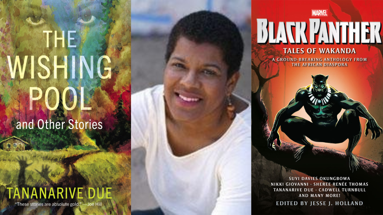 Author Tananarive Due alongside her books The Wishing Pool and The Black Panther
