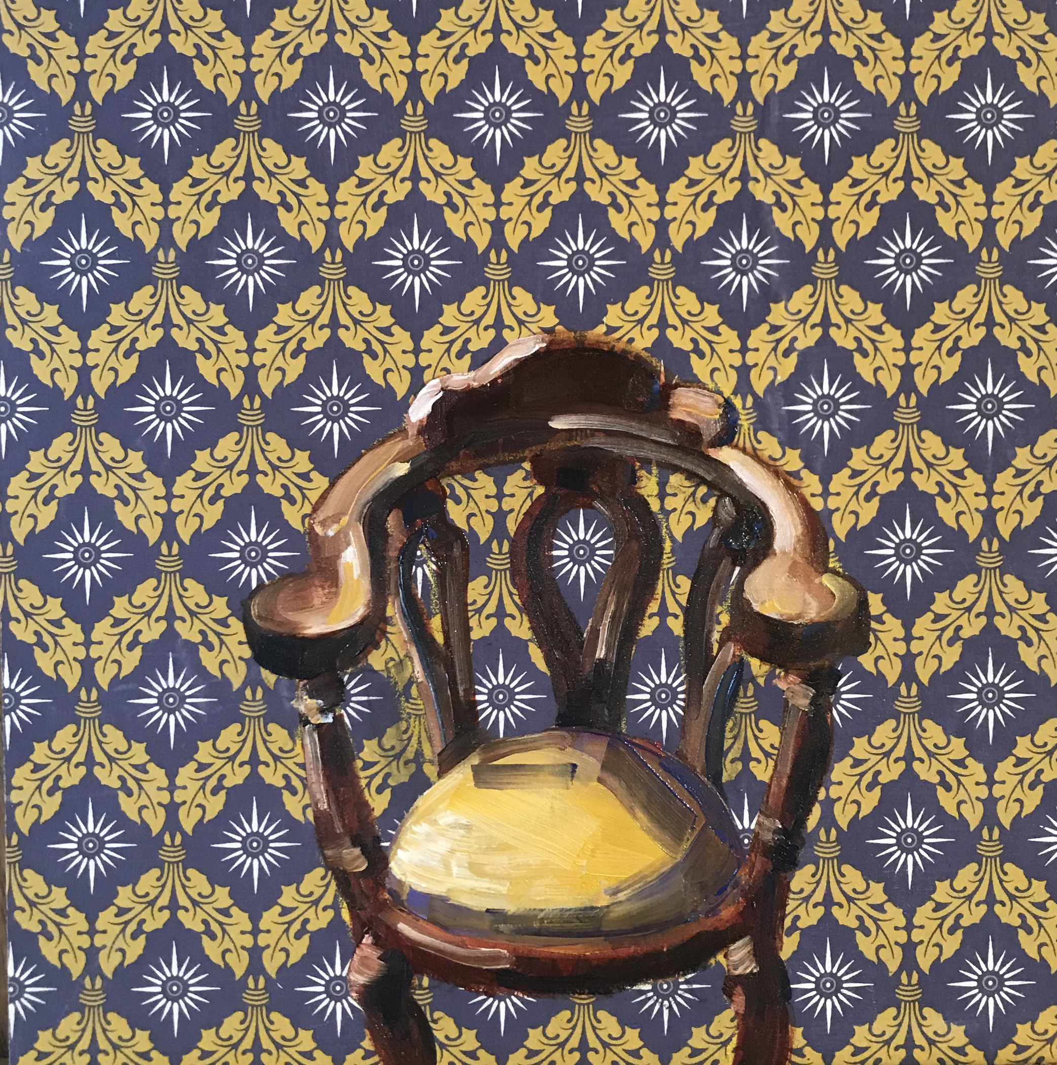 A painting of a curved arm chair in front of decorative wallpaper