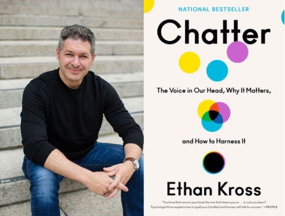 Author Ethan Kross posing beside his book Chatter