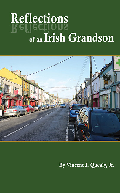Book cover depicting a street in Ireland with shops along the road