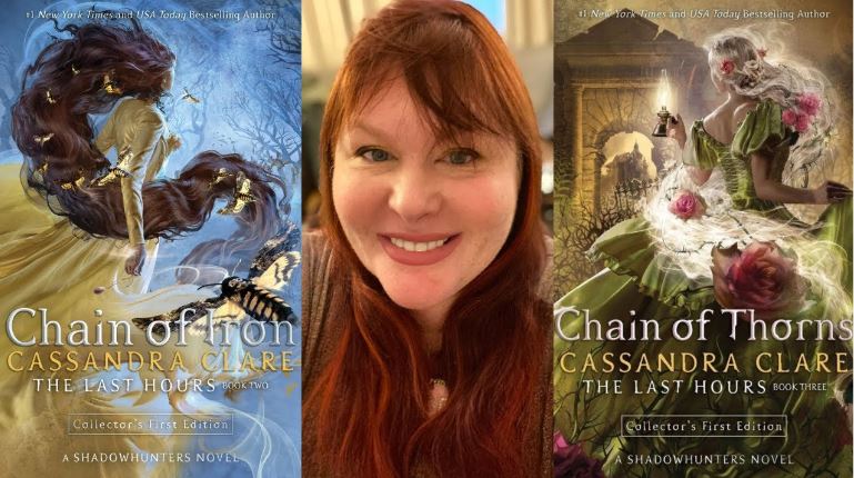 Author Cassandra Clare with her books Chain of Iron and Chain of Thorns