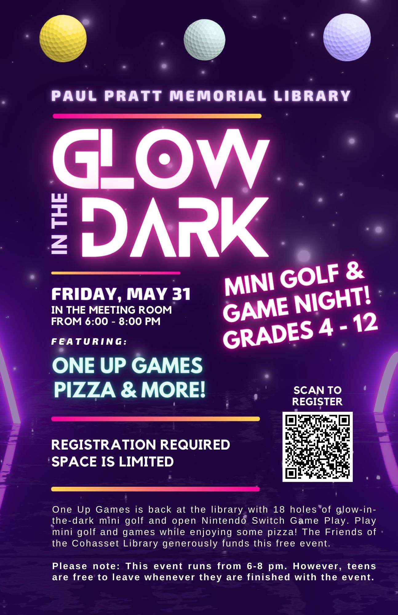 Teen Glow in the Dark Mini Golf, Gaming, and Pizza Night | Paul Pratt  Memorial Library