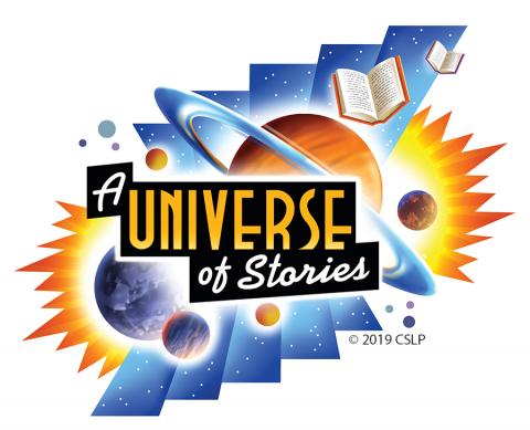 Summer reading logo, A Universe of Stories, with space theme