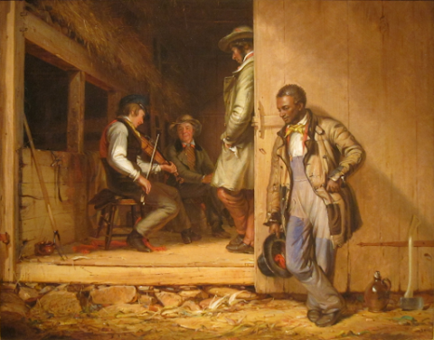 Ninetheenth century Artwork depicting a black man standing outside a pub