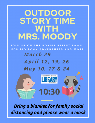 outdoor storytime with Mrs. Moody on the Sohier St. lawn