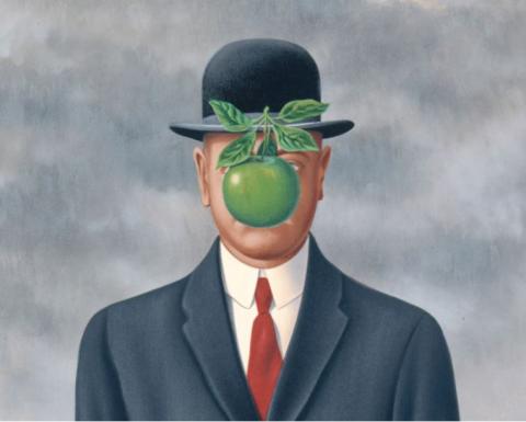 Painting of a man with an apple in front of his face.