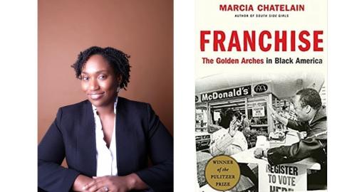 Author on the left and the cover of her book Francise on the right.