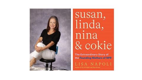 Author Lisa Napoli with her book Susan, Linda, Nina, and Cokie