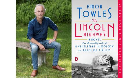 Author Amor Towles beside his book the Lincoln Highway