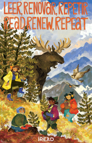 Children with moose in wilderness