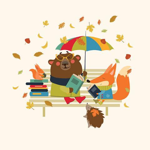 bear and fox sitting on a bench with books holding an umbrella with leaves falling