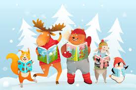 Animals in a winter scene holding books open and reading them