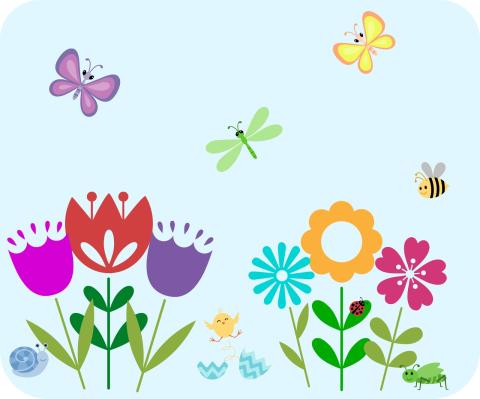 spring flowers with butterflies and a hatching chick