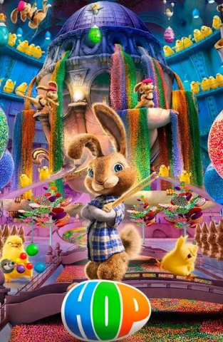 movie poster for Hop featuring a bunny in a candy factory