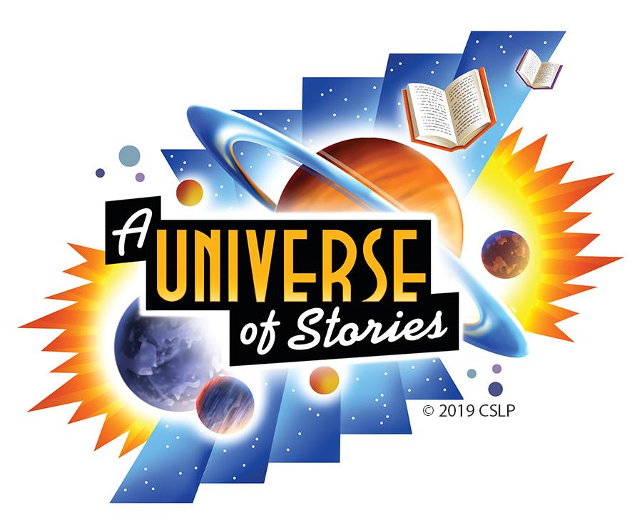 Summer reading logo, A Universe of Stories, with space theme