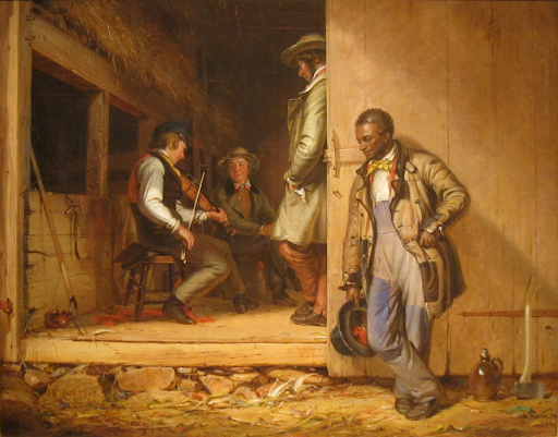 Ninetheenth century Artwork depicting a black man standing outside a pub