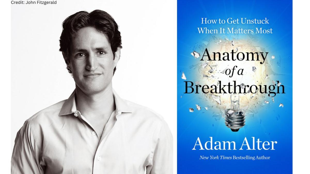 Author Adam Alter beside his book Anatomy of a breakthrough