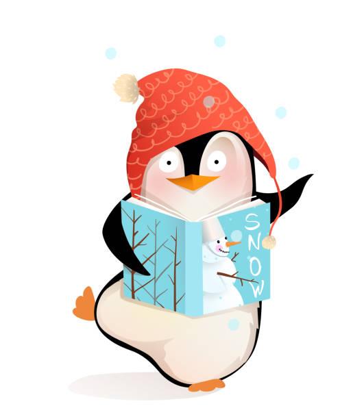 penguin wearing a hat and holding a book