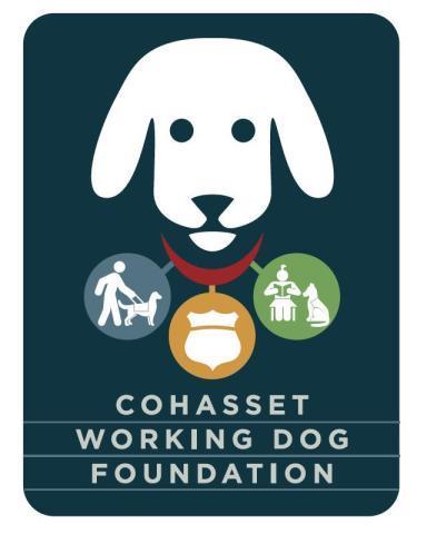 Face of white dog with Cohasset Working Foundation under