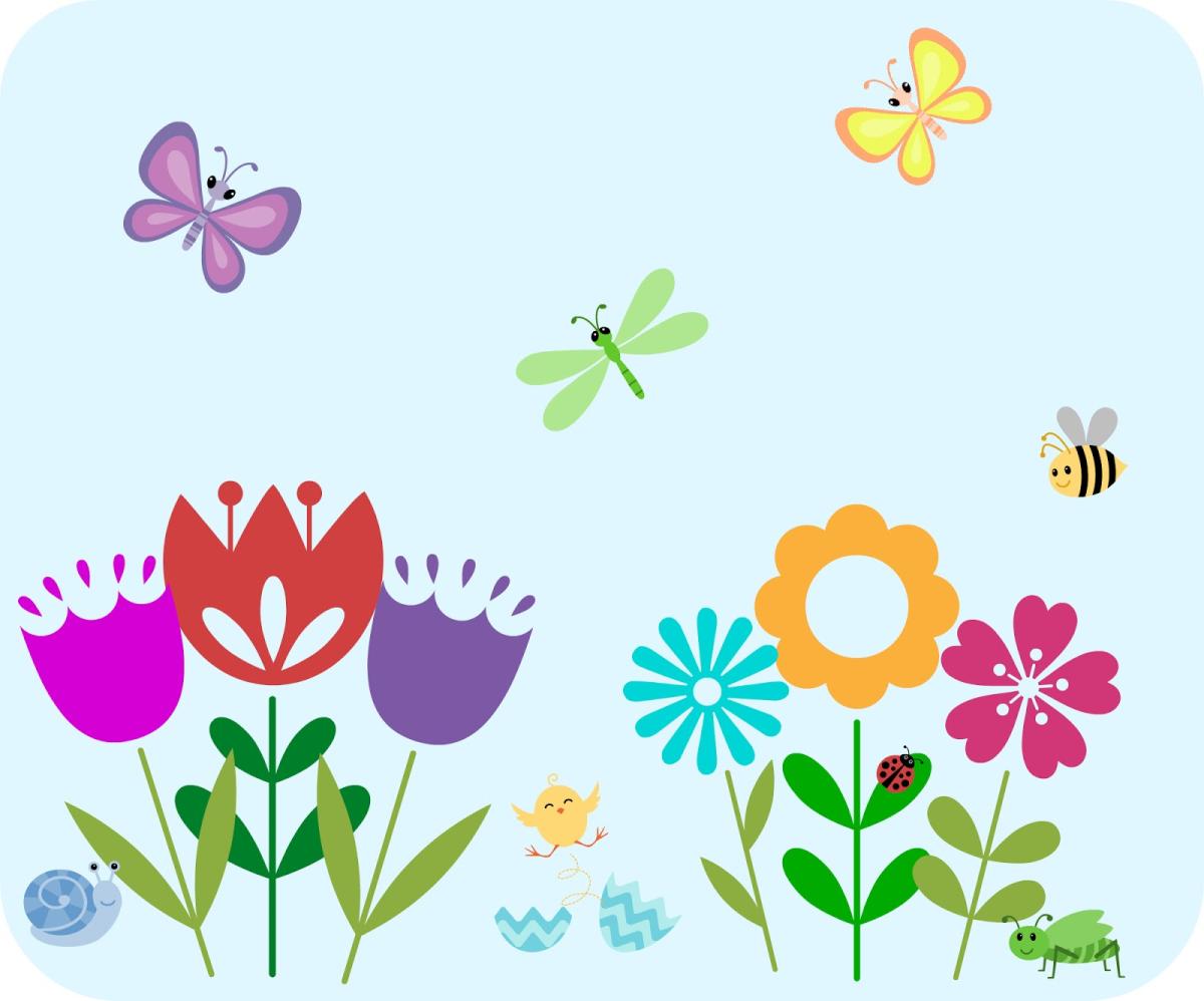 spring flowers with butterflies and a hatching chick